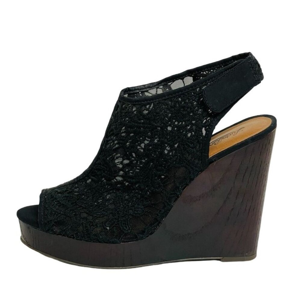 Lucky Brand Lace Wedges Peep Toe Black Sandals Women's Size‎ 10